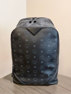 MCM Black Monogram Textured Leather Backpack